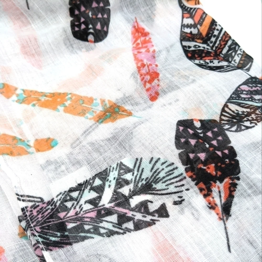 Tribal Feathers Sheer Scarf with Fringe Accent